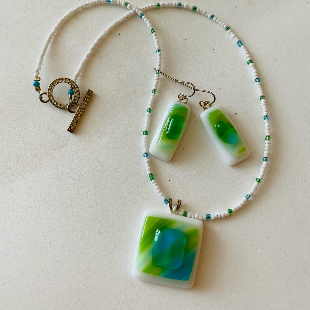 Green & Blue on White Glass Jewelry Set